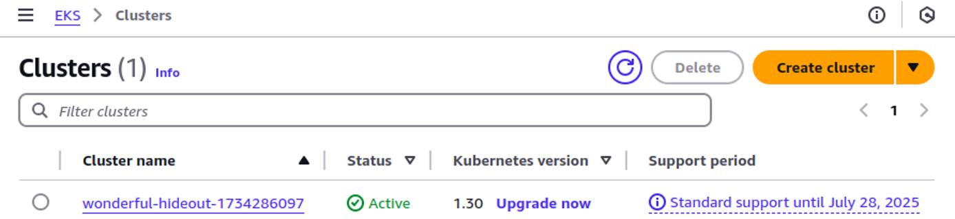 The EKS service page in the AWS Console showing the example cluster name. The EKS service page in the AWS Console showing the example cluster name.