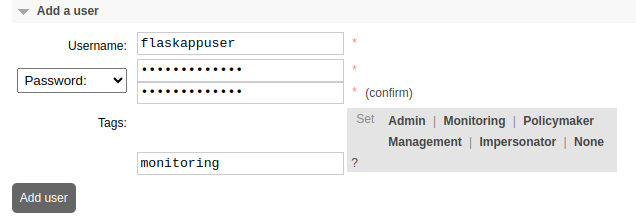 The RabbitMQ Admin interface showing the user creation process.